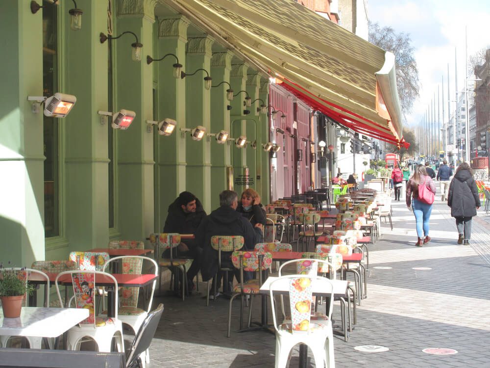 UK London cafe and resturants open up for outdoor trade after lockdown.